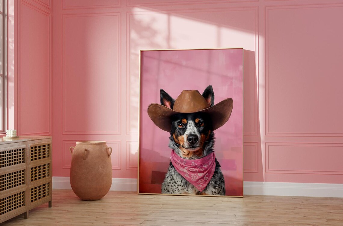 Blue Heeler Cowboy Hat Portrait with Pink Bandana Western Poster - Image 2