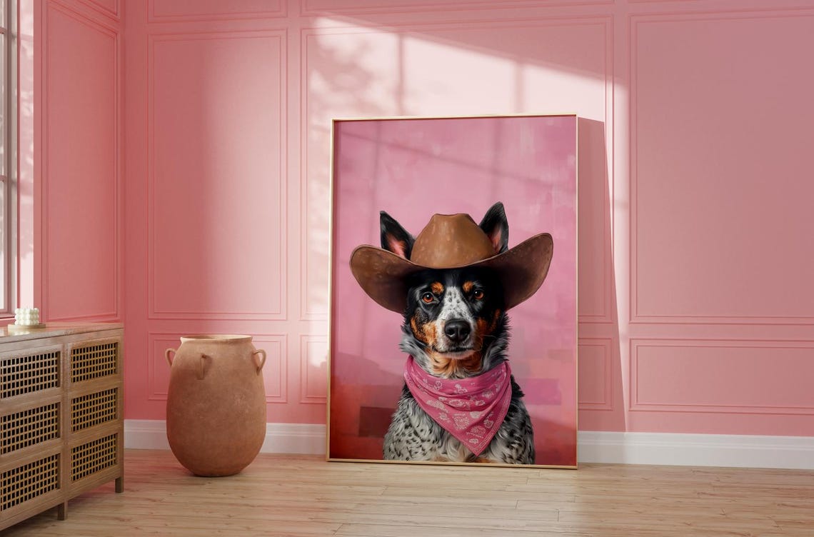 Cattle Dog Cowgirl Hat Print Pink Print Vintage Art Western Girly Preppy Trendy Wall Art Heeler Dog Cowgirl Hat Print Funky Western Art - Image 2