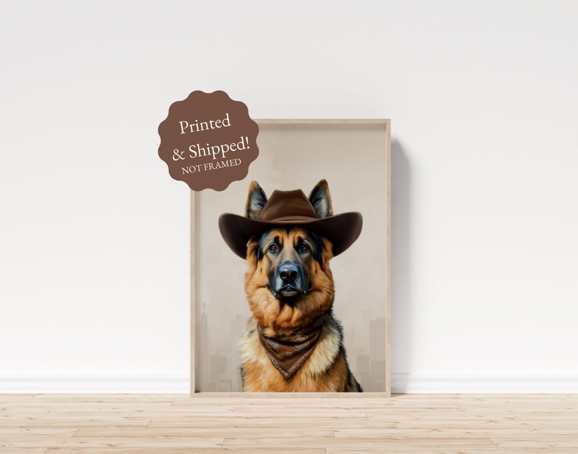 German Shepherd Cowboy Hat Western Portrait Funny Dog Art Poster