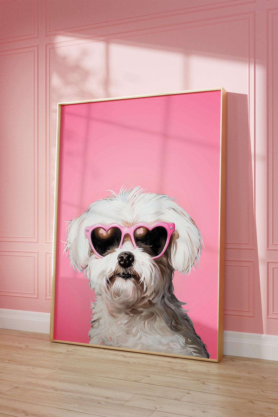White Maltese Dog Wearing Pink Heart Sunglasses Pop Art Poster - Image 2
