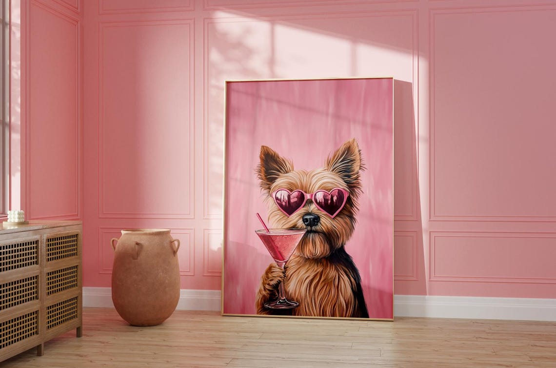 Yorkshire Terrier Heart Sunglasses Pink Martini Cocktail Poster - Image 2