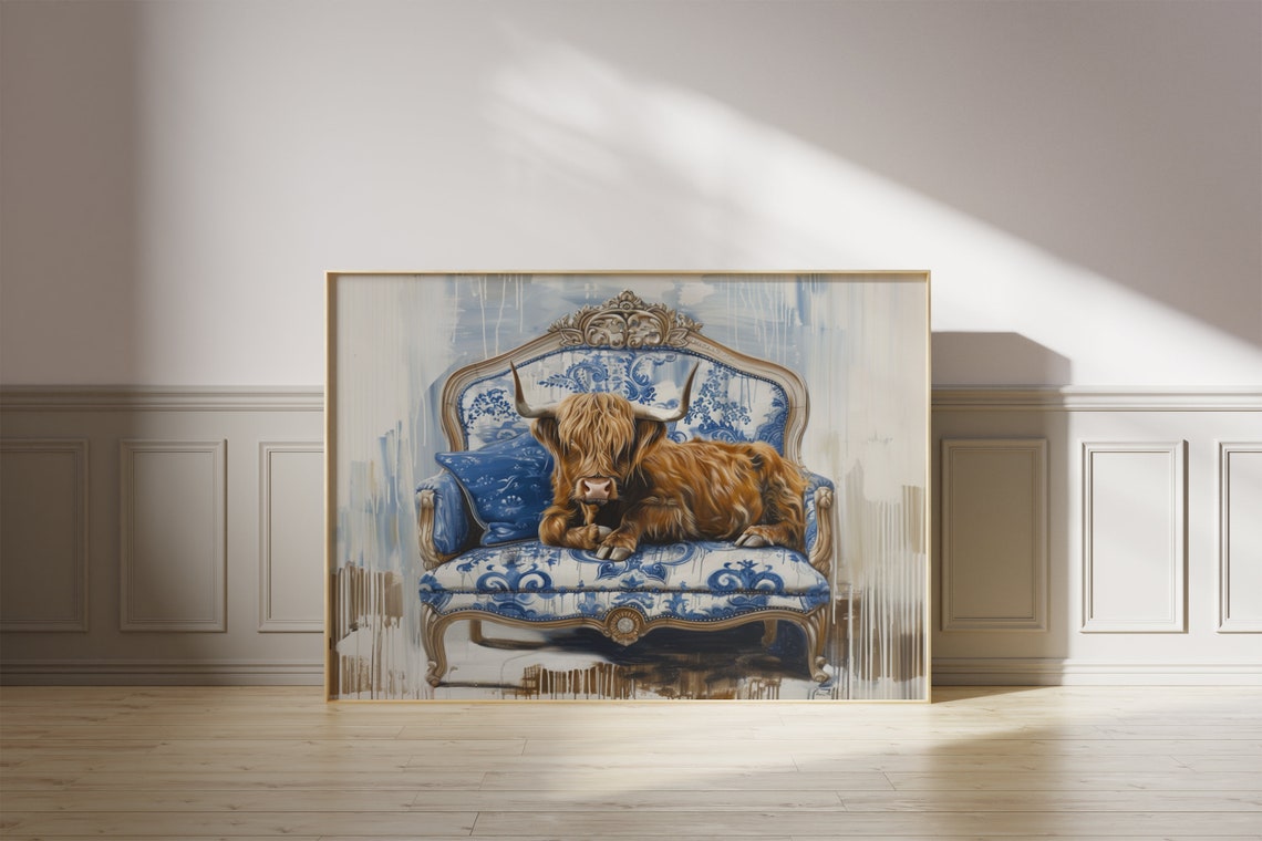 Highland Cow Lounging on Blue Floral Couch Charming Art Poster