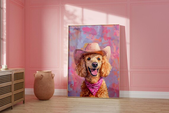Cute Poodle Dog Cowgirl Hat Print Pink Print Vintage Art Western Girly Preppy Trendy Wall Art Cowgirl Hat Print Funky Western Art