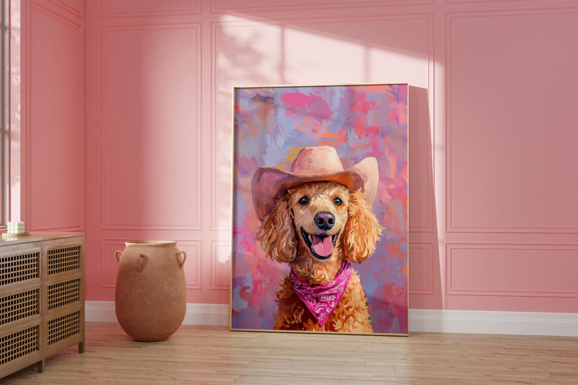 Happy Poodle in Pink Cowgirl Hat Colorful Western Dog Art Poster