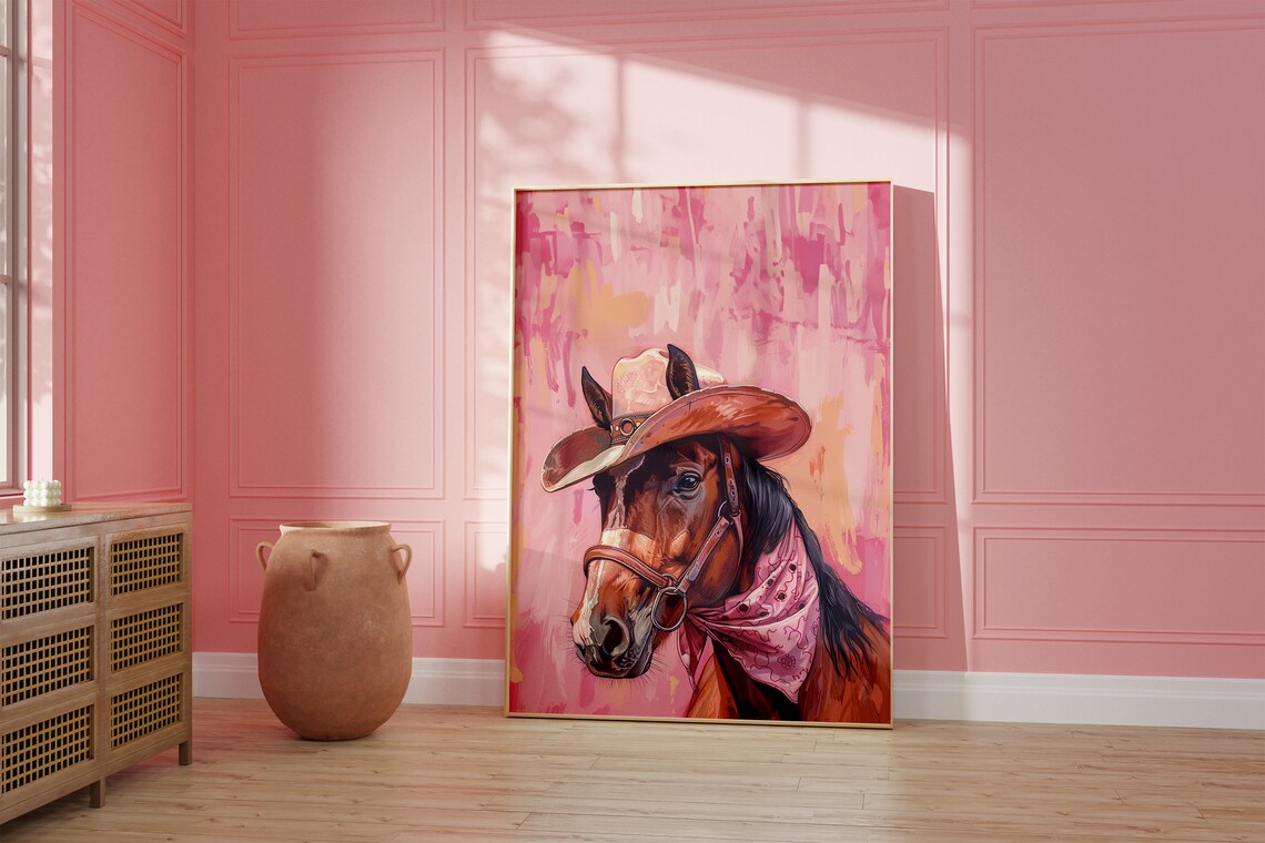 Horse Cowboy Hat Portrait with Pink Bandana Blush Pink Poster Art - Image 2