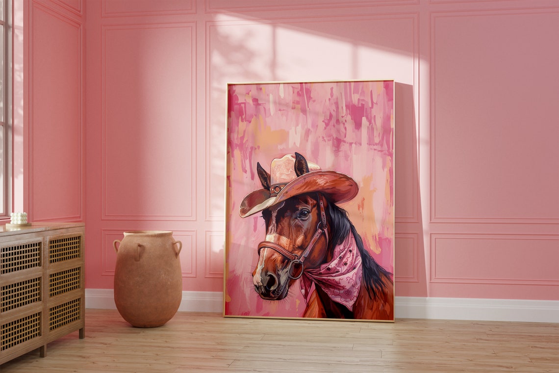 Horse Cowgirl Hat Print Pink Print Vintage Art Western Girly Preppy Trendy Wall Art Horse Print Cowgirl Hat Print Funky Western Art - Image 2