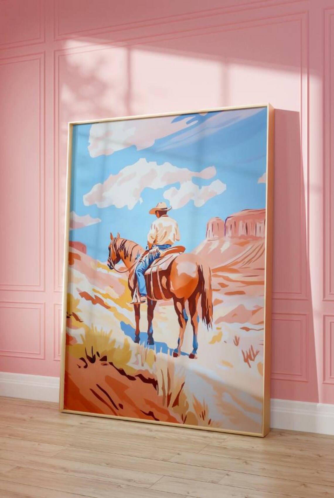 Cowboy On Horseback Desert Canyon Mesas Vintage Western Wall Art