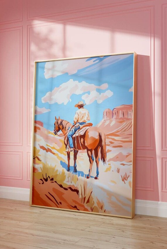 Cowboy On Horseback Desert Canyon Mesas Vintage Western Wall Art