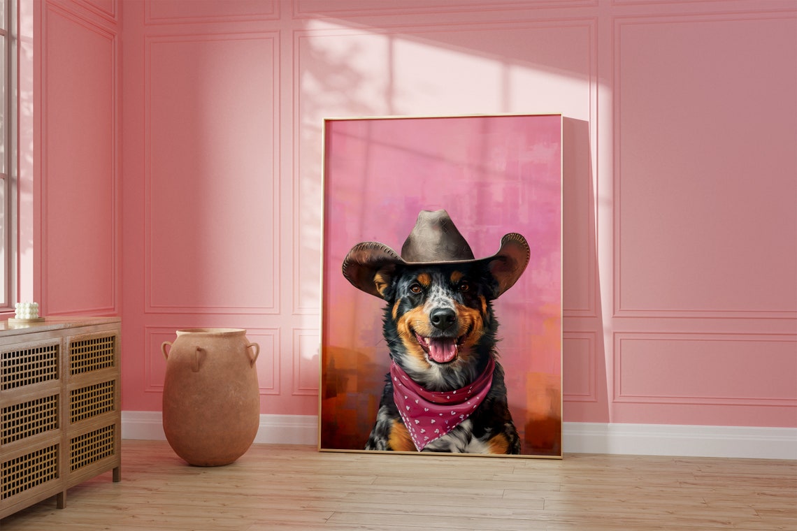 Dog Cowgirl Hat Print Pink Print Vintage Art Western Girly Preppy Trendy Wall Art Puppy Print Cowgirl Hat Print Funky Western Art