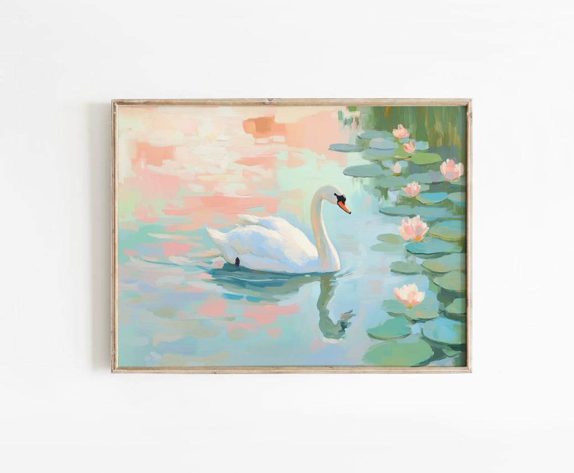 Pastel White Swan Gliding on Water Lily Pond Elegant Decorative Poster