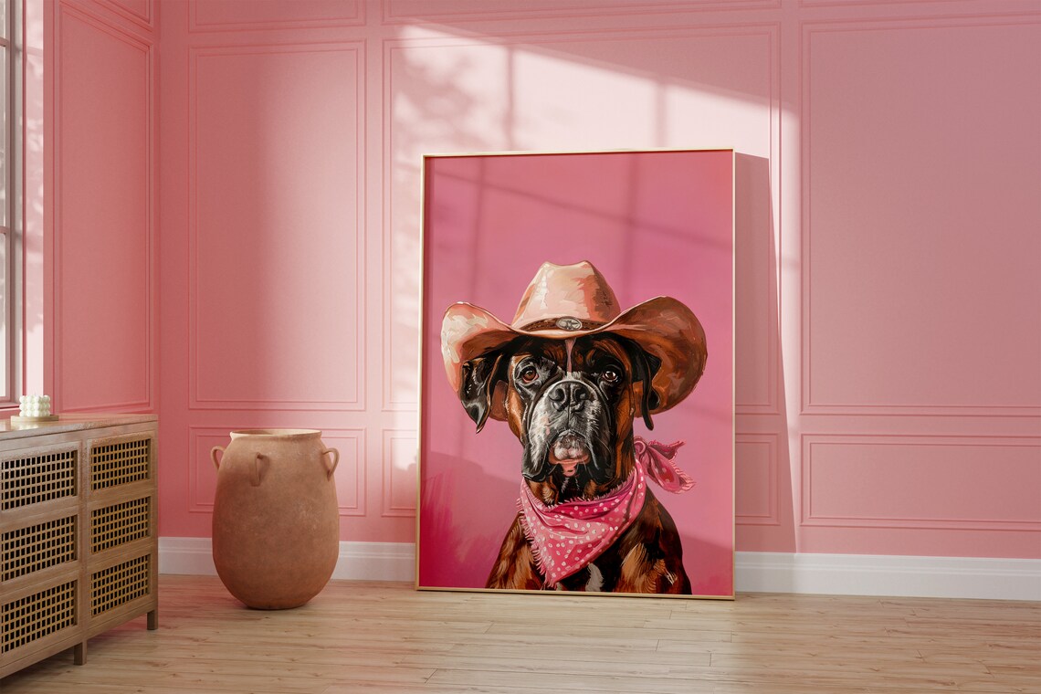 Boxer Dog Cowgirl Hat Vintage Western Art Print - Image 2