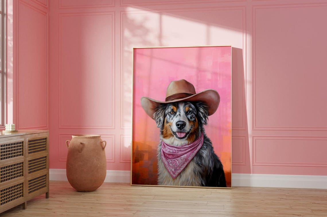 Smiling Australian Shepherd Cowboy Hat Pink Bandana Poster Art - Image 2