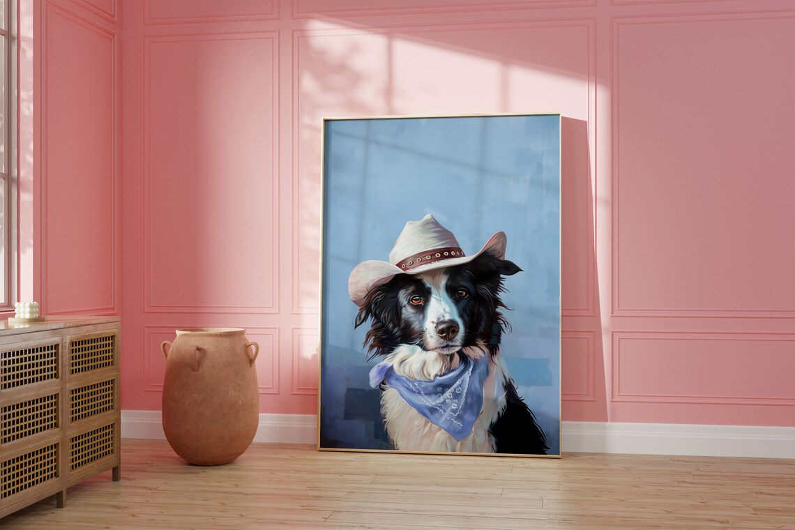 Border Collie in White Cowgirl Hat Blue Western Pet Art Poster