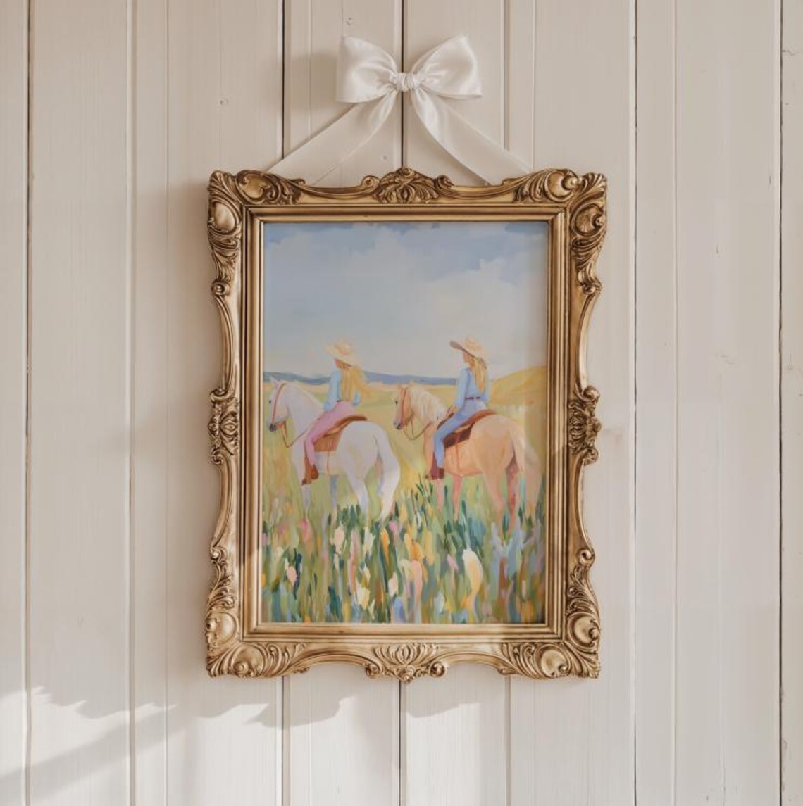 Two Cowgirls Riding Horses Through Wildflowers Western Art Poster