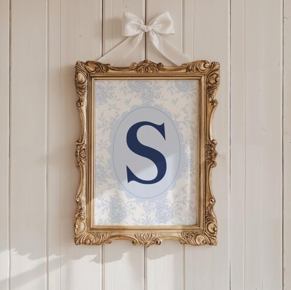 Navy Initial S Monogram Toile Floral Ornate Gold Frame Poster