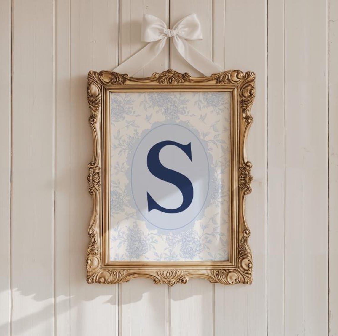 Navy Initial S Monogram Toile Floral Ornate Gold Frame Poster