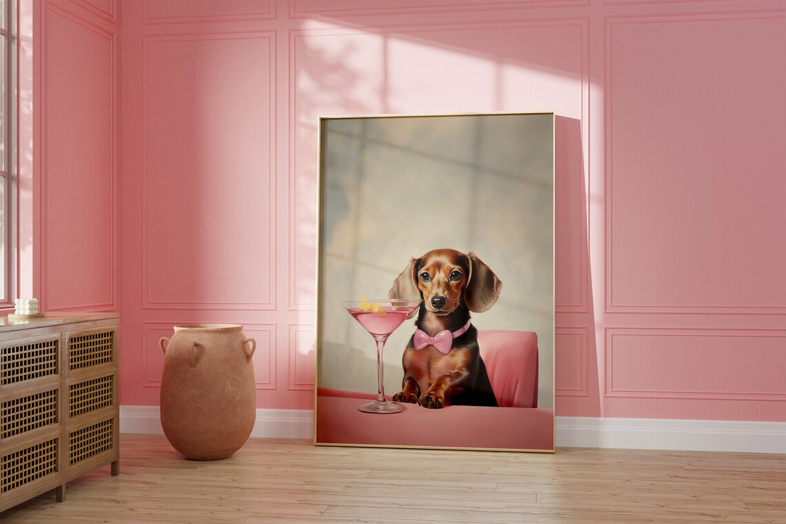 Dachshund In Pink Bow Tie Beside Martini Glass Portrait Poster - Image 2
