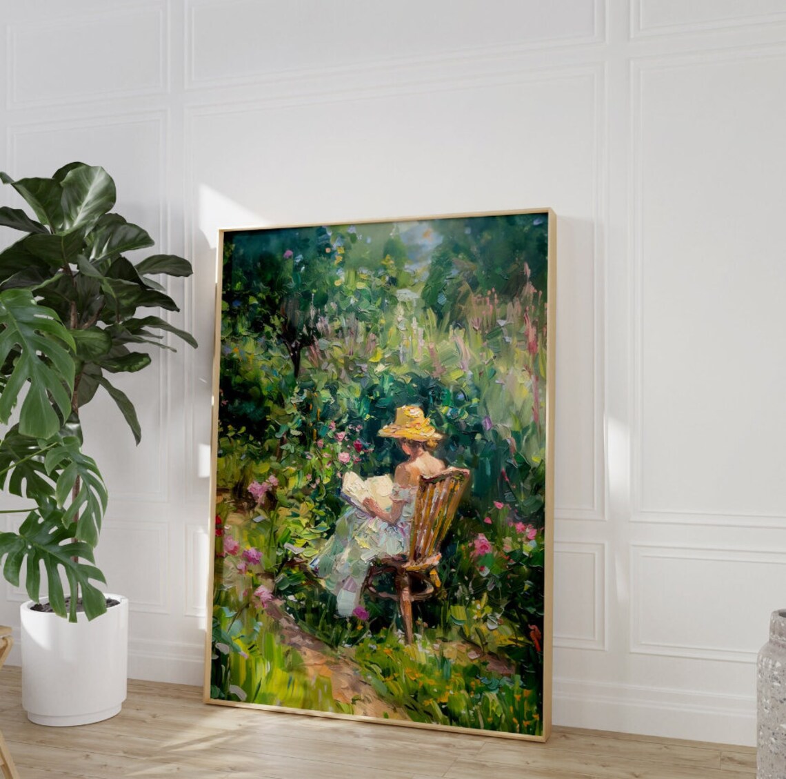 Physical Print Coquette Aesthetic Vintage Garden Print Abstract Whimsical Garden Painting Woman Reading In Garden Painting - Image 2