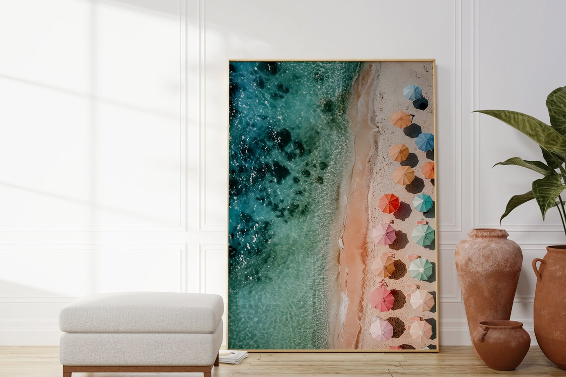 Aerial View Of Colorful Beach Umbrellas Turquoise Water Poster - Image 2