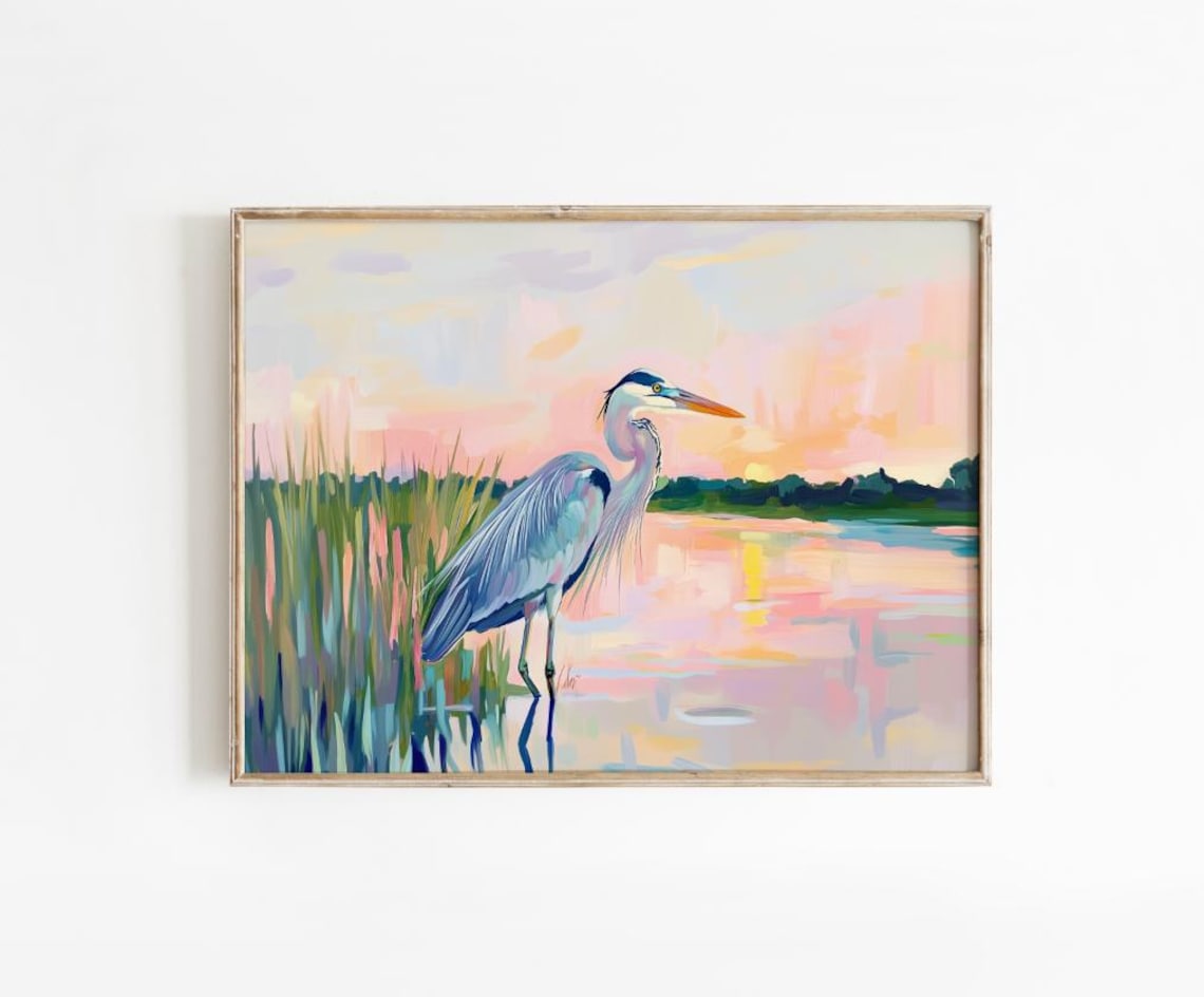 Blue Heron Marsh Pastel Coastal Wall Art Print