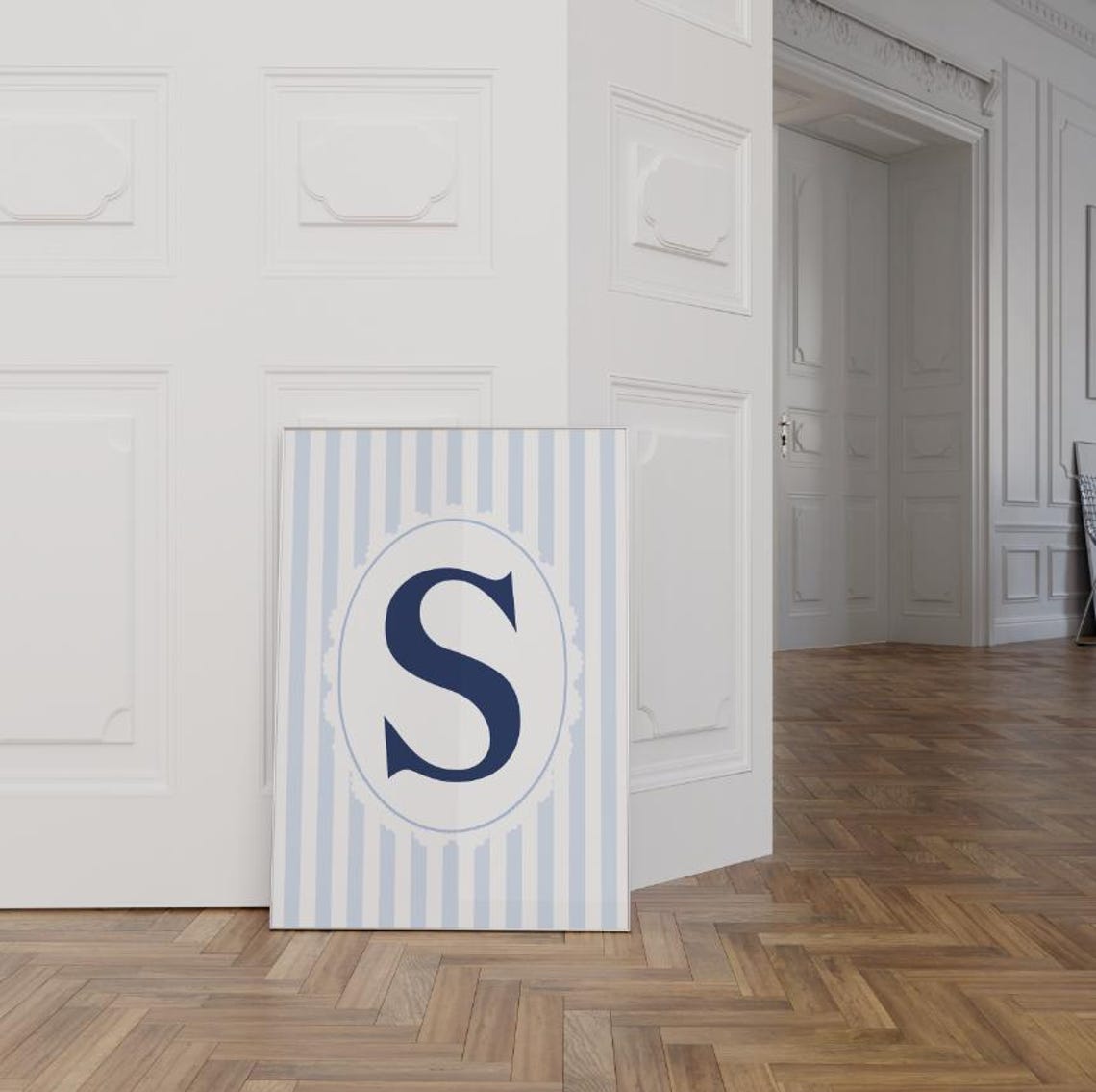 Custom Navy Initial S Monogram Blue Striped Preppy Decor Poster