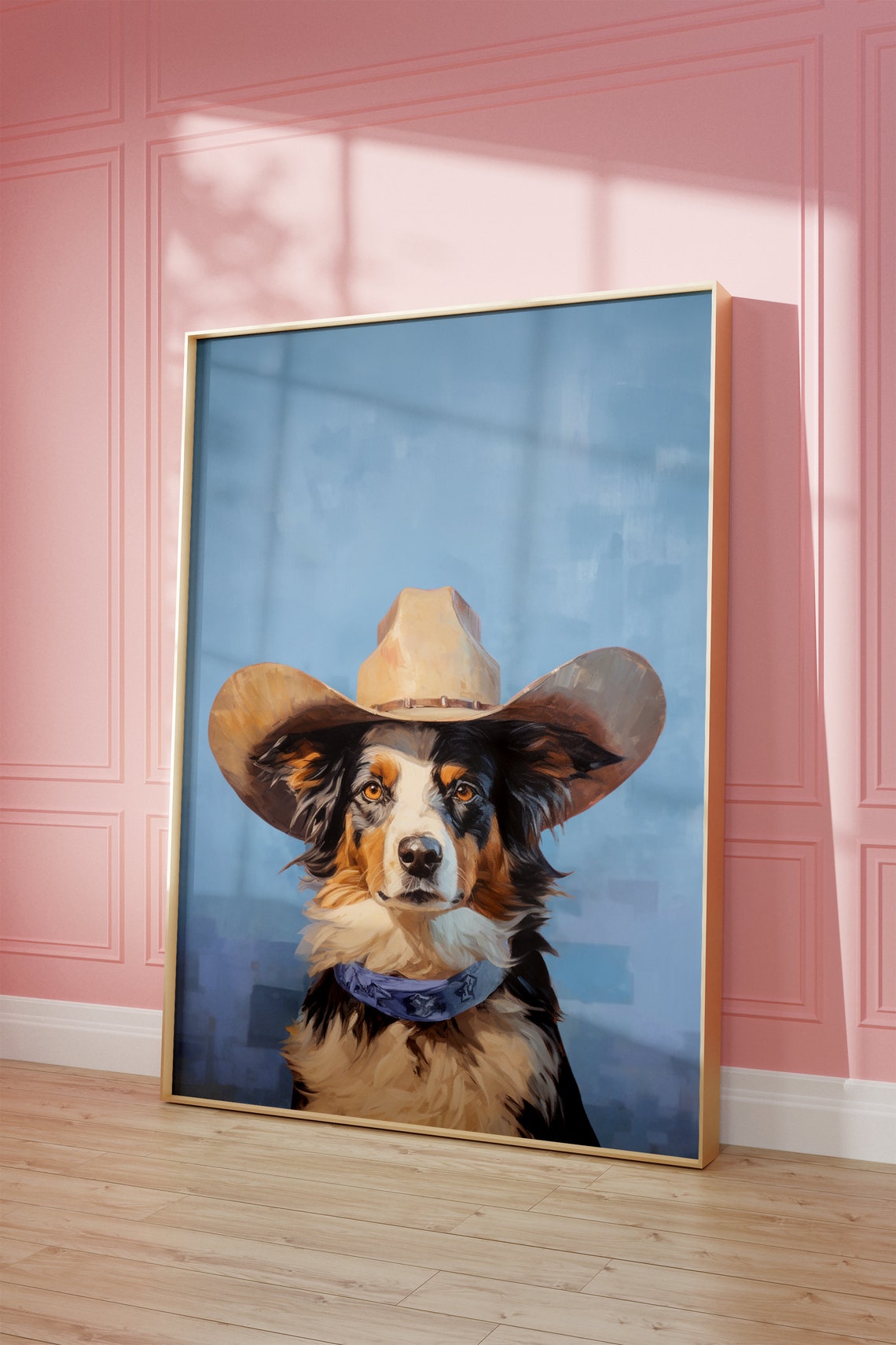 Dog Cowgirl Hat Print Blue Aesthetic Vintage Art Western Girly Preppy Trendy Wall Art Puppy Print Cowgirl Hat Print Funky Western Art