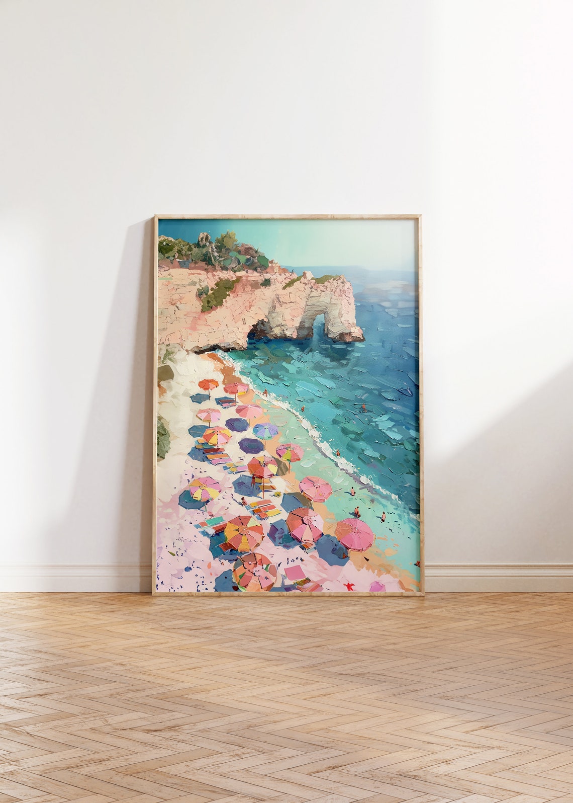 Pastel Beach Umbrellas Rocky Cliff Coastal Painting Beach Poster