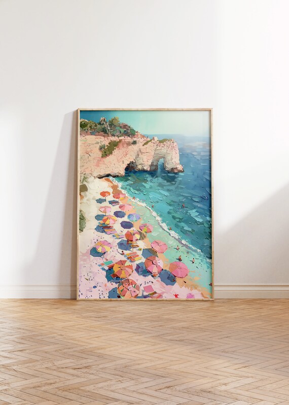 Pastel Beach Umbrellas Rocky Cliff Coastal Painting Beach Poster