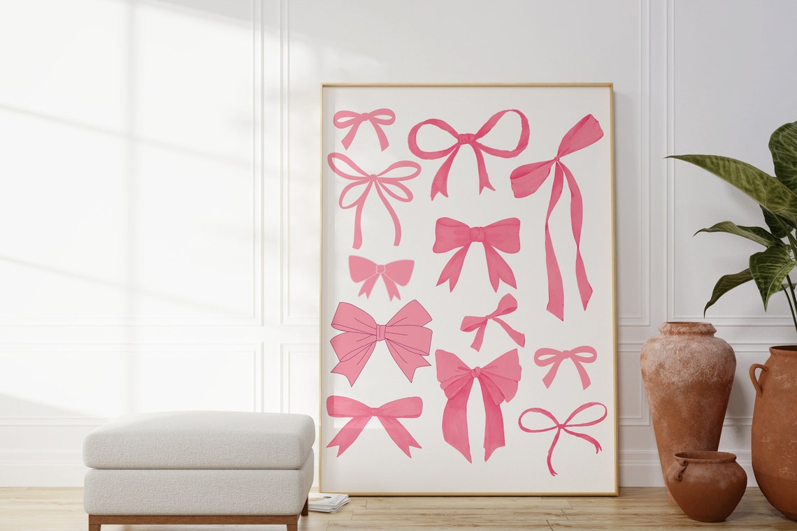 Pink Watercolor Bows Pattern Coquette Aesthetic Decor Wall Art