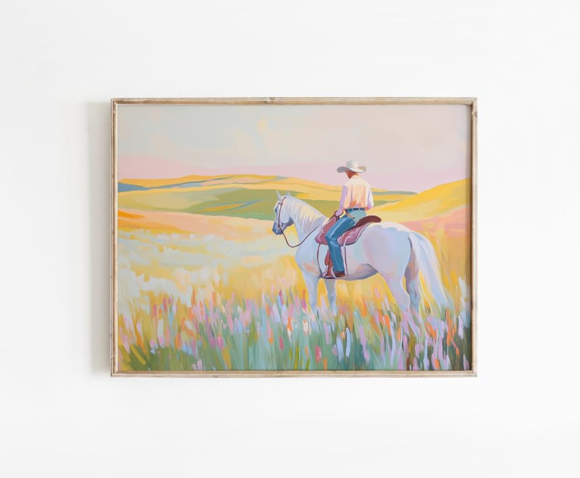 Cowboy on White Horse Golden Hills Sunset Western Painting Wall Art