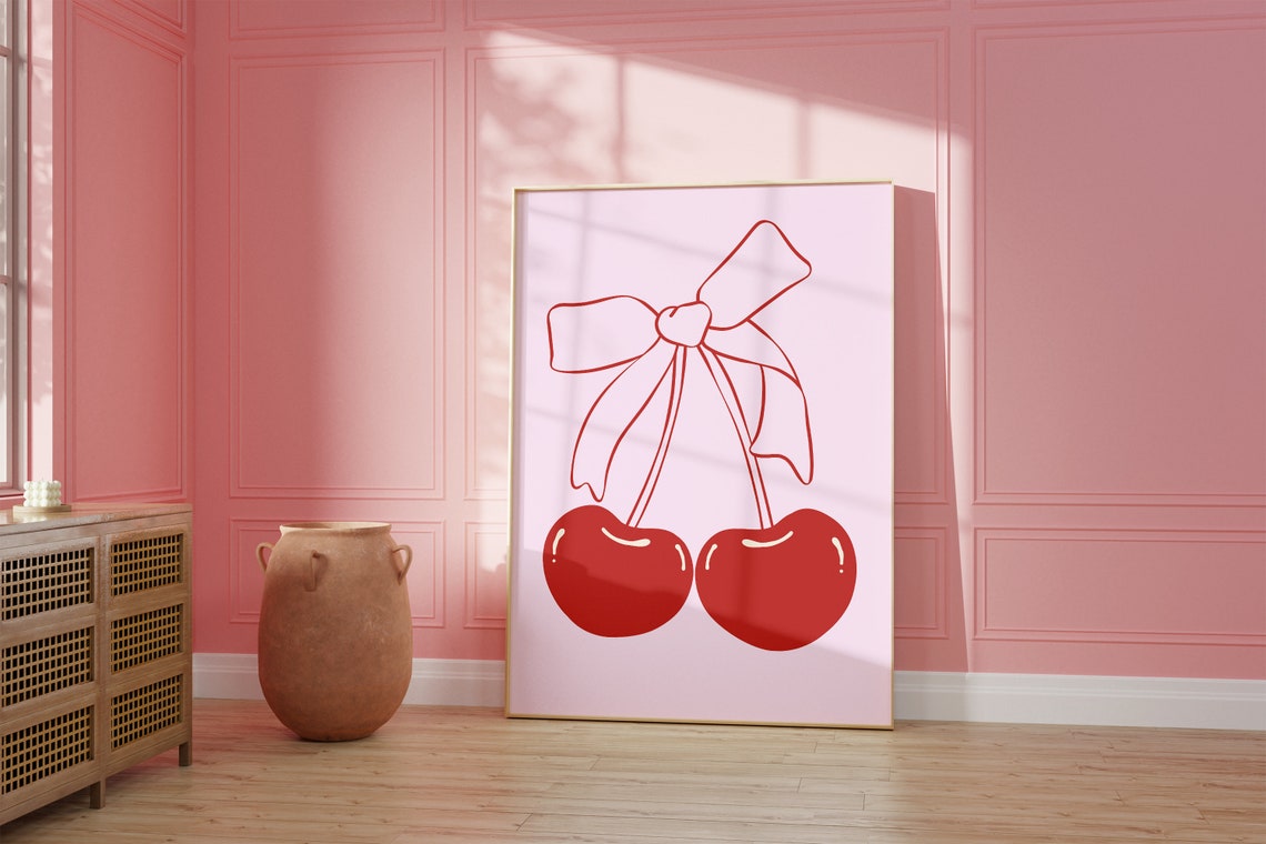 Cherry Bow Red Fruit Coquette Minimalist Pink Kitchen Wall Art - Image 2