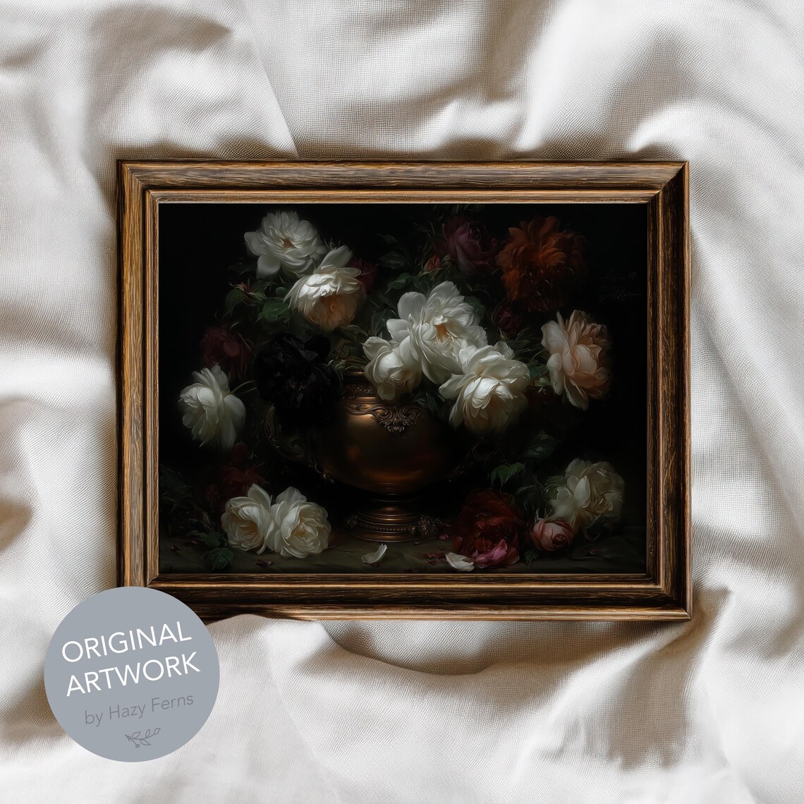 Gothic Peonies White Roses Dark Academia Floral Still Life Oil Painting Poster