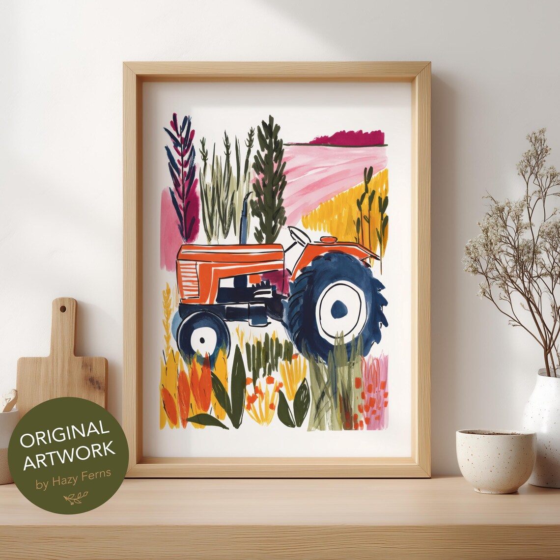 Farm Tractor Poster, Colorful Gouache Style