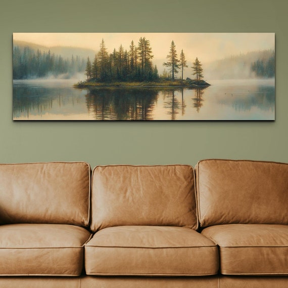 The Original Serene Foggy Wooded Lake Island Ready To Hang Panoramic Wall Art Print Large Wall Art Panoramic Art