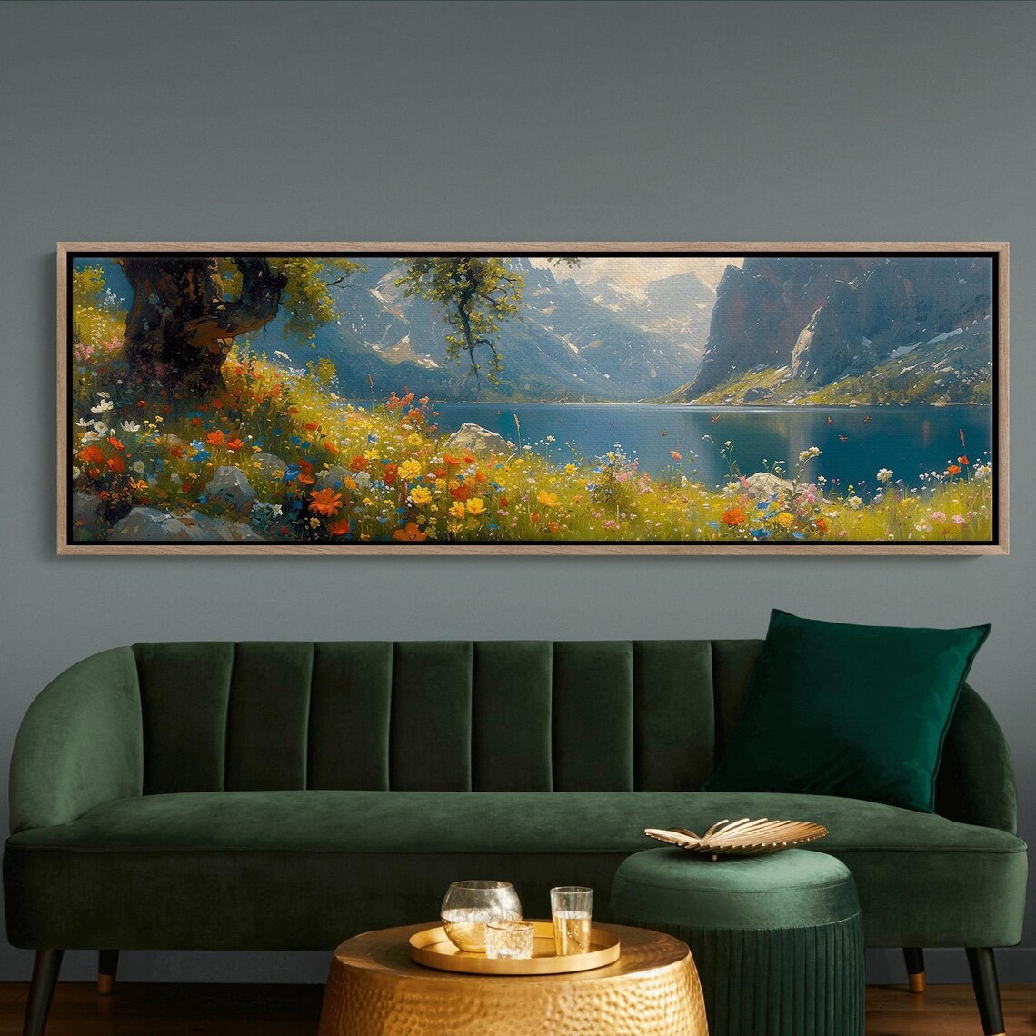 Wildflowers Mountains and Lake Oil-Style Art Print