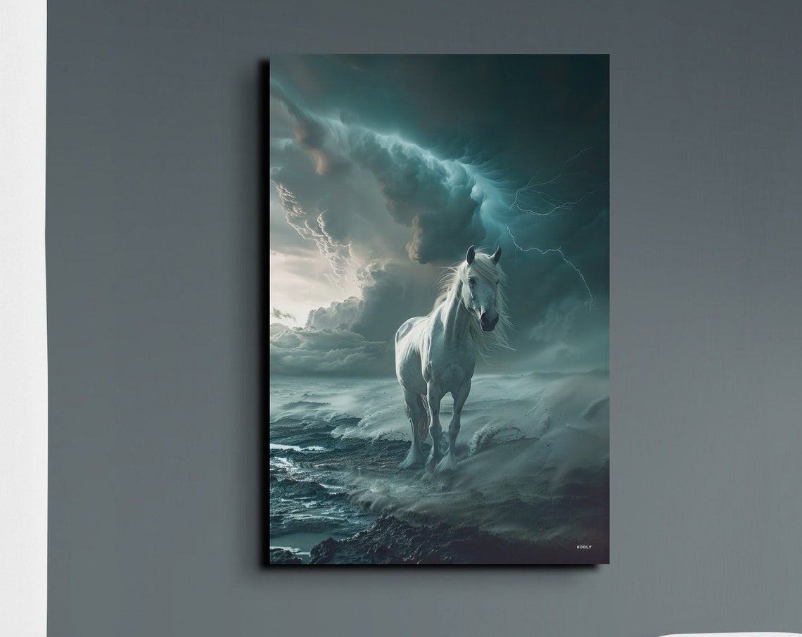 White Horse in Stormy Ocean Dramatic Lightning Seascape Poster