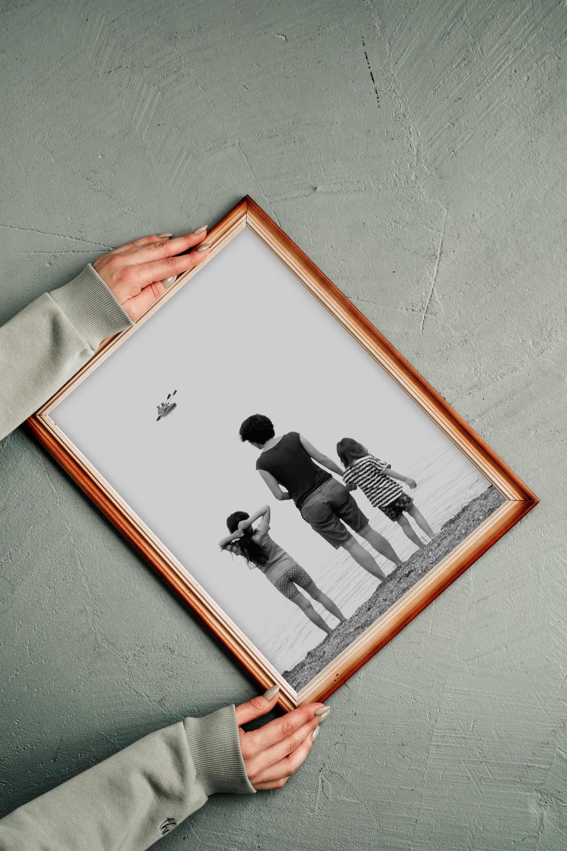 Artistic Poster Black And White Mother And Children Near A Lake - Image 2