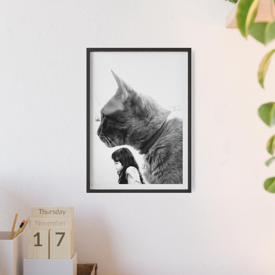 Giant Cat Profile and Little Girl Surreal Collage Wall Poster - Image 3