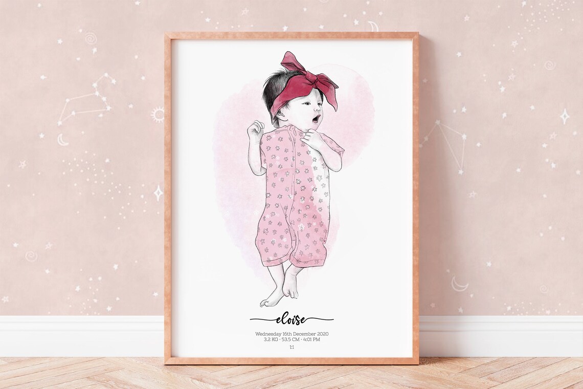 Baby Girl in Pink Onesie Birth Announcement Nursery Portrait Poster