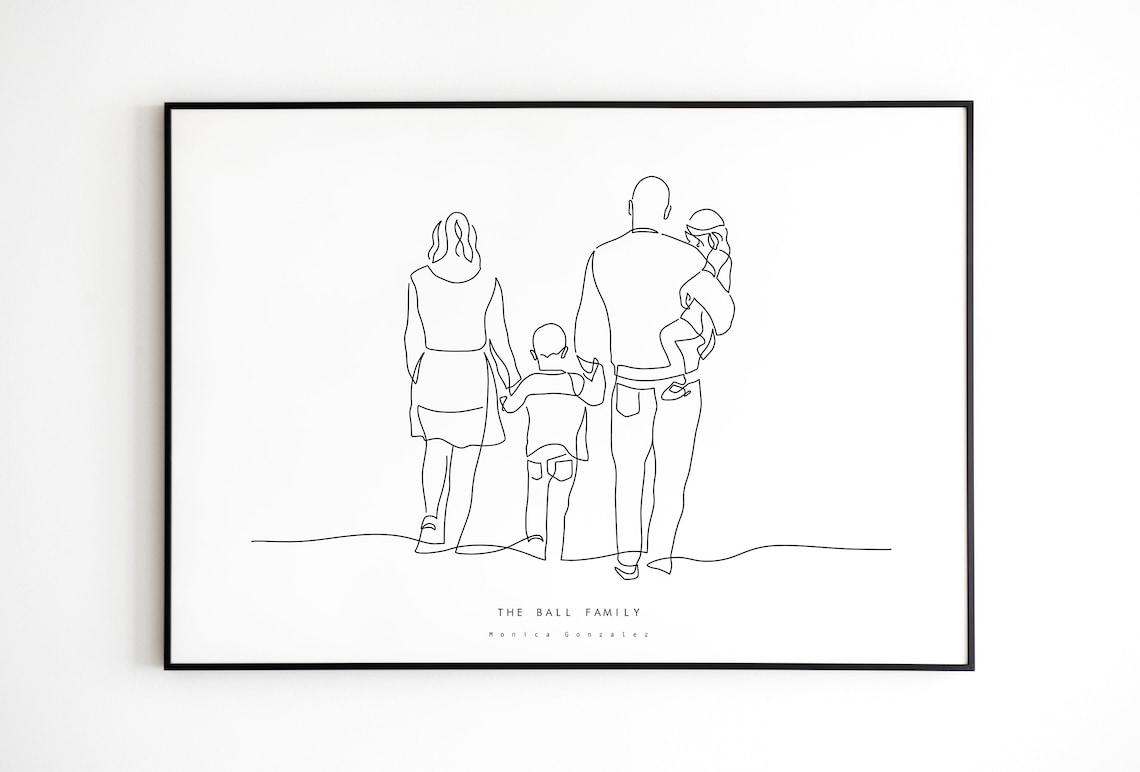 Custom Family of Four Walking Away Single Line Artwork Poster