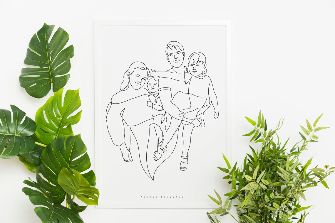 Family of Three with Happy Dog Minimalist Line Art Portrait Print - Image 5