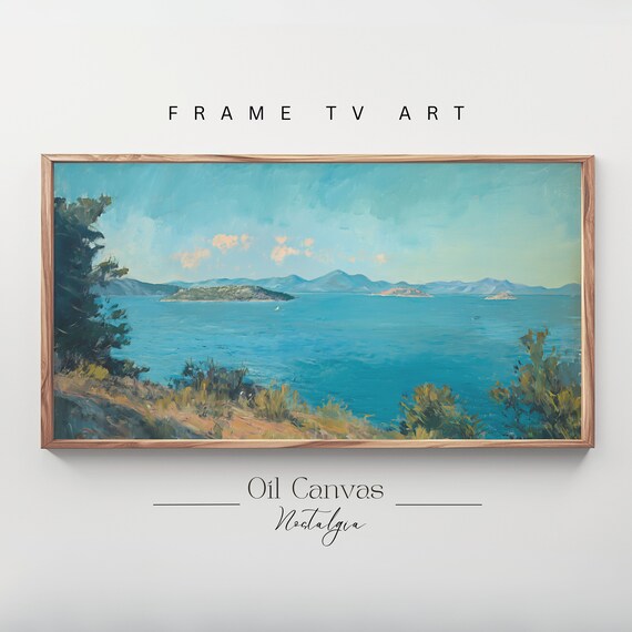 Frame Tv Art Vintage Beach Oil Painting Summer Sea Art Ocean Frame Tv Art Costal Landscape Blue Nautical Seascape