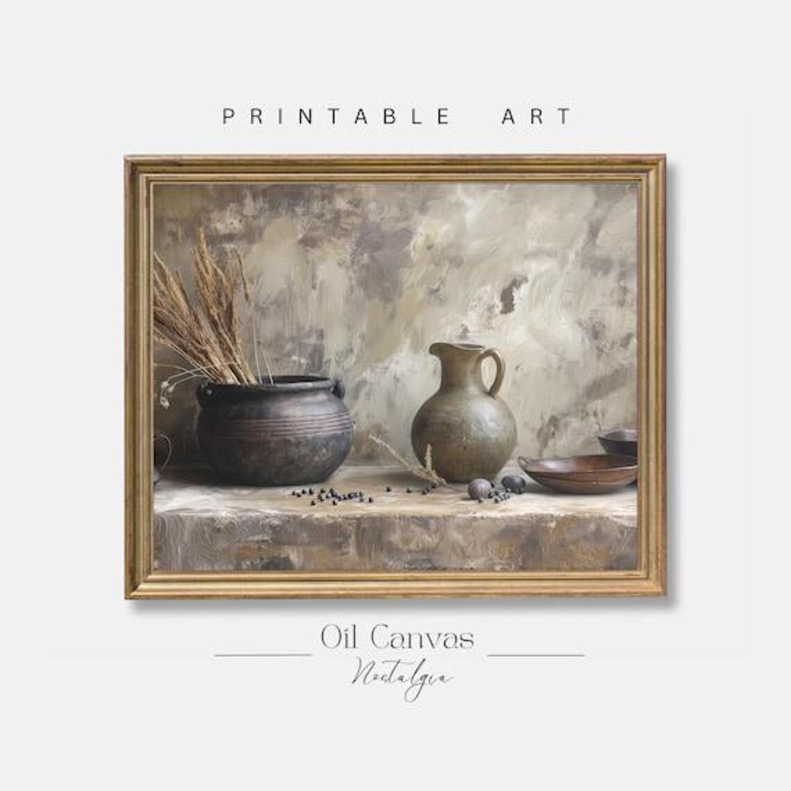Rustic Clay Pot Wheat Ceramic Jug Beige Kitchen Still Life Oil Poster