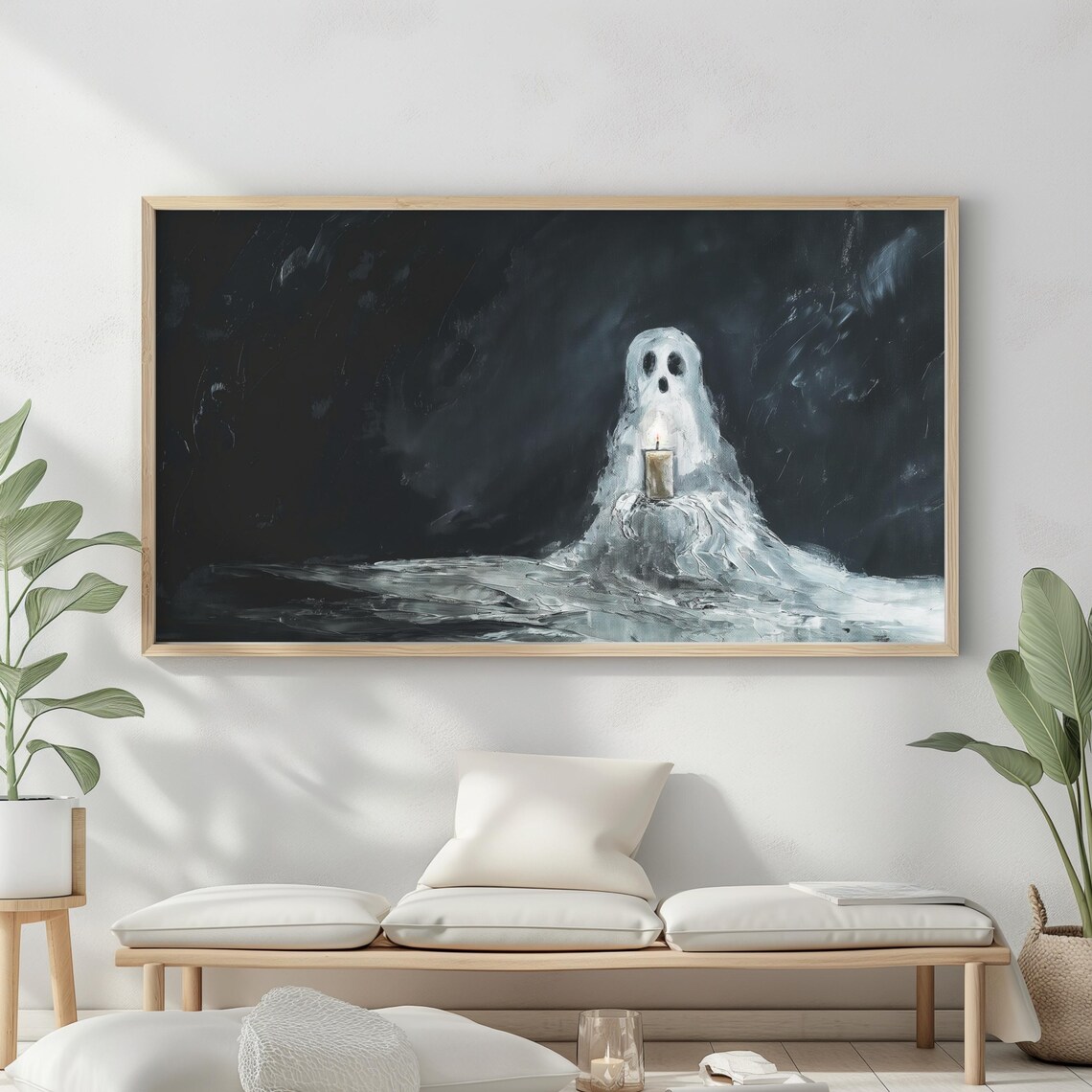 Ghost Holding Candle Dark Stormy Night Moody Halloween Spooky Oil Poster - Image 2
