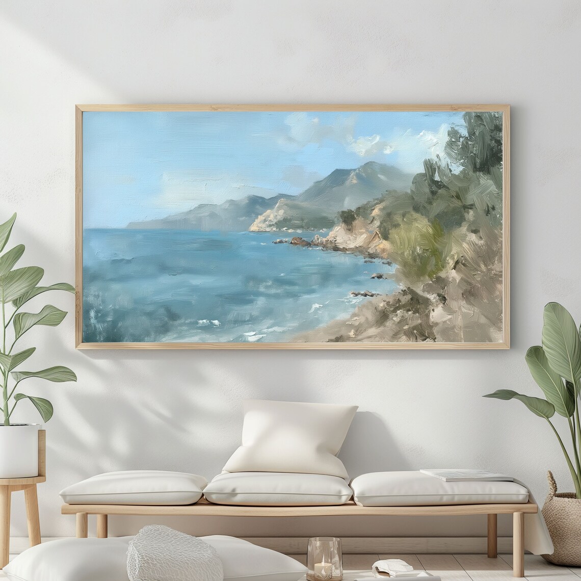 Frame Tv Art Vintage Beach Oil Painting Summer Sea Art Ocean Frame Tv Art Costal Landscape Blue Nautical Seascape - Image 2