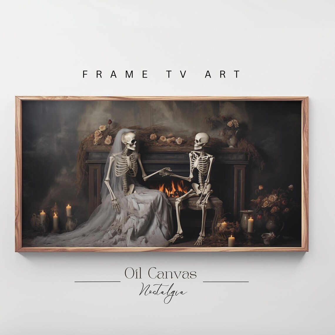 Skeleton Bride Groom Fireplace Roses Dark Romantic Halloween Art Poster