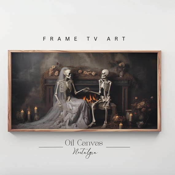 Skeleton Vintage Halloween Frame Tv Art Creepy Dark Academia Painting Spooky Moody Decor