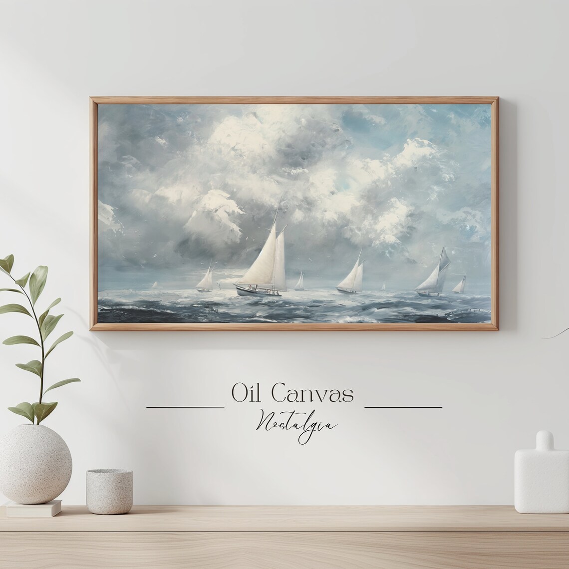 Frame Tv Art Vintage Nautical Oil Painting Summer Sea Art Boat Art Ocean Frame Tv Art Blue Nautical Seascape - Image 3