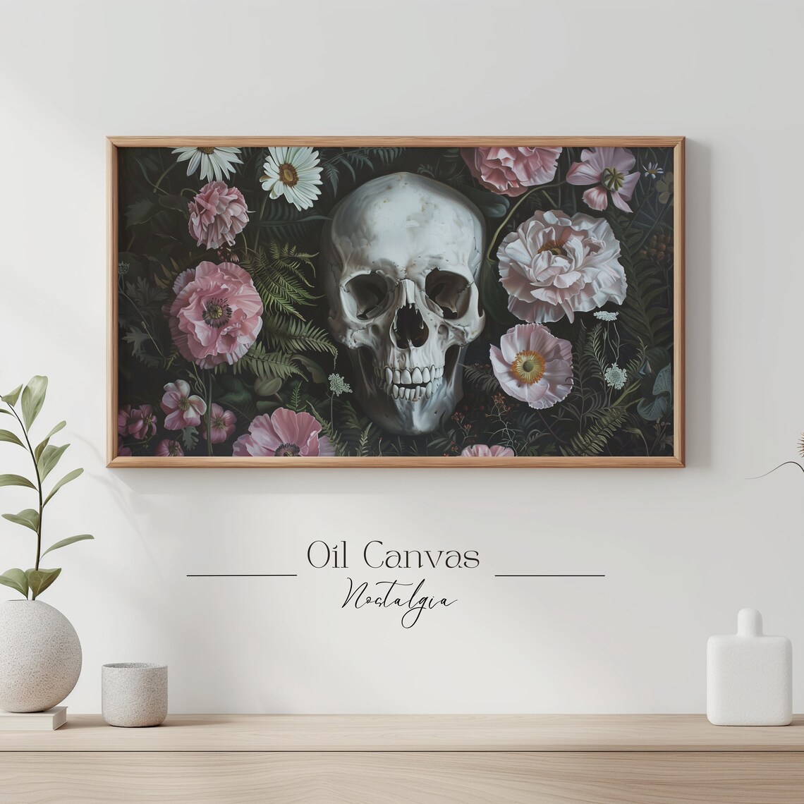 Skull In Bloom With Pink Anemones Dark Botanical Vanitas Halloween Artwork Wall Poster - Image 3