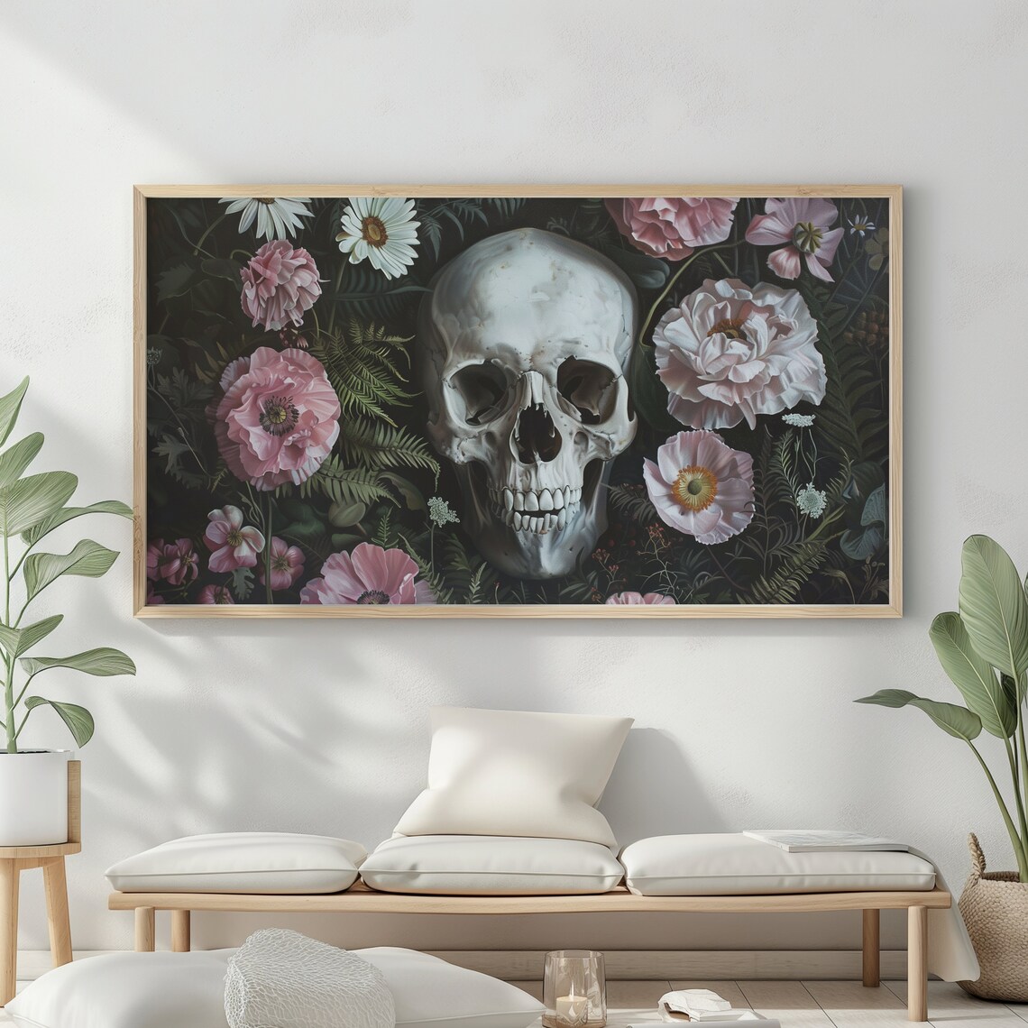 Skull In Bloom With Pink Anemones Dark Botanical Vanitas Halloween Artwork Wall Poster - Image 2